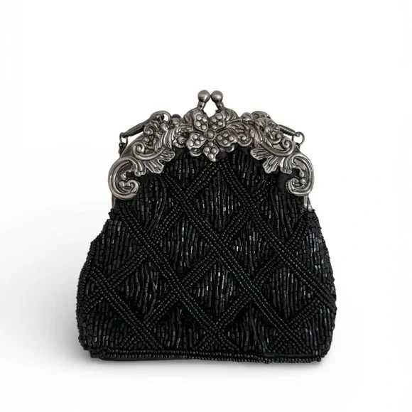 Vintage Black Beaded Evening Bag Ornate Silver Tone Frame Kiss Lock Clutch - Picture 2 of 8